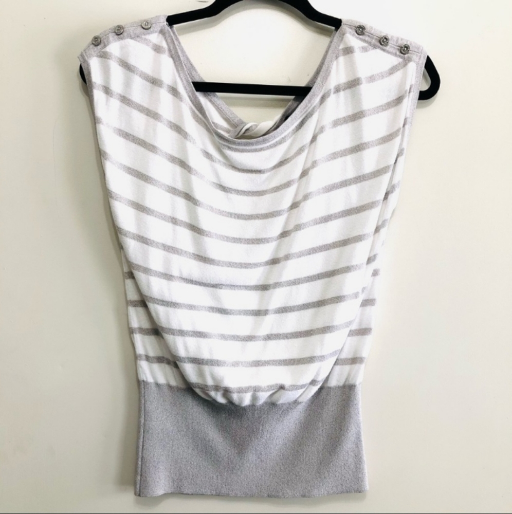 🆕WHBM | Striped Silver & White Key Hole Sweater Blouse Size Small